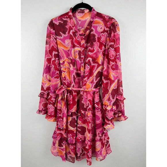 Donna Morgan Dresses & Skirts - Donna Morgan Pink Retro Swirl Tiered Belted Ruffle Mini Dress
